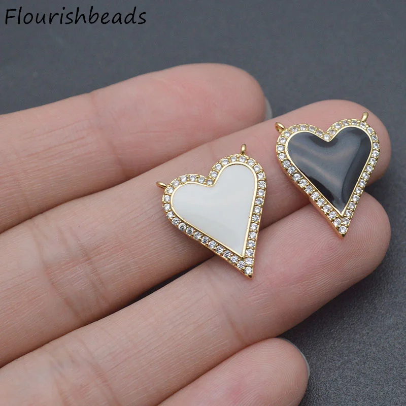 10pcs/lot Good Quality Anti Fading Gold Plated CZ Pave Black White Enamel Heart Charm Connectors for Jewelry Necklace Bracelet
