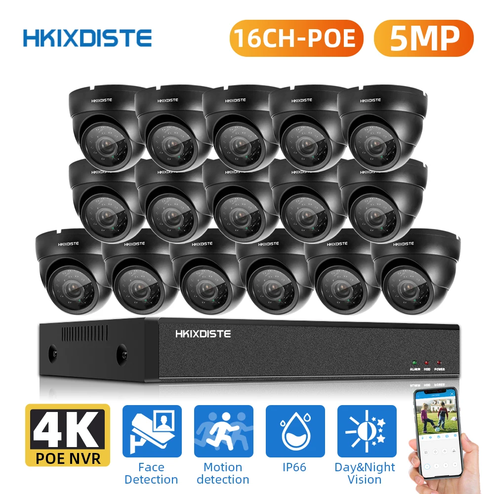 

Система видеонаблюдения HKIXDISTE, H.265 + 16 каналов, 4K, 5 МП, POE, NVR, AI Ultra HD уличная водонепроницаемая IP-камера безопасности, комплект видеонаблюдения