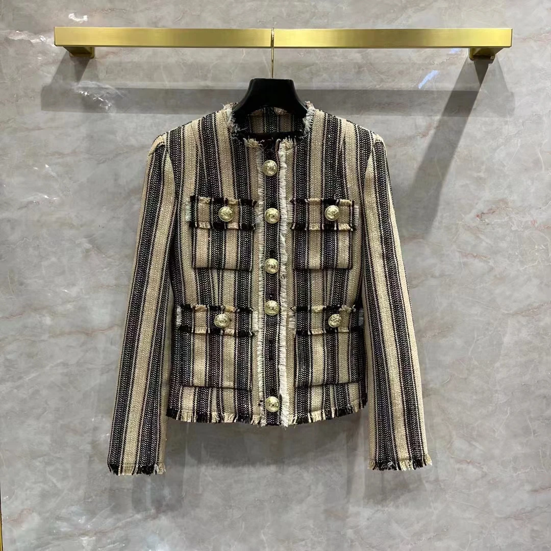 

Женская одежда в европейском и американском стиле, новинка весны 2022, модное твидовое пальто в полоску с длинными рукавами и золотыми пугови...