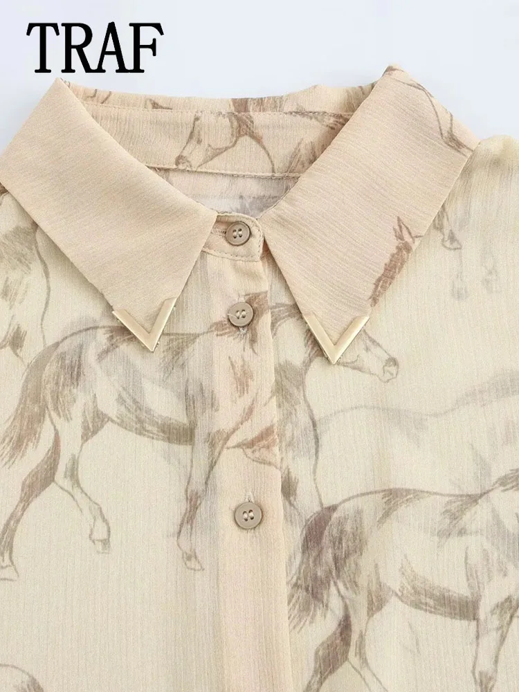 TRAF женская рубашка с принтом модная элегантная однобортная уличная длинными