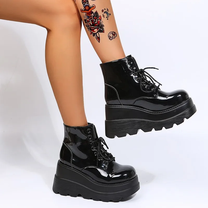 

Women Boots High TopThick Sole Winter Slope Heel Lace Up Ankle Boots Women Shoes Bright Black Light Bling Black Chaussure Femme