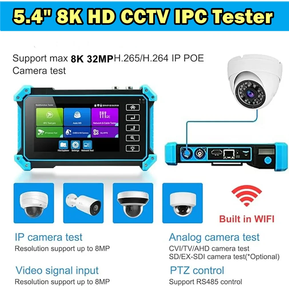 Фото Тестер IP-камер 8K 32 МП с входами HDMI и VGA, 5,4-дюймовый монитор для видеонаблюдения, совместимый с AHD/CVI/TVI/SDI, тестер IP-камер с поддержкой Wi-Fi №3