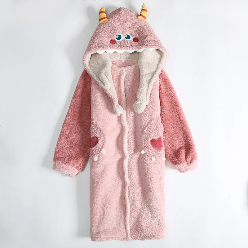 Women Sleepwear Winter Plush Pajamas Cartoon Hooded Coral Velvet Nightgown Loose Flannel Sleepdress Anime Cosplay Robe Nightwear