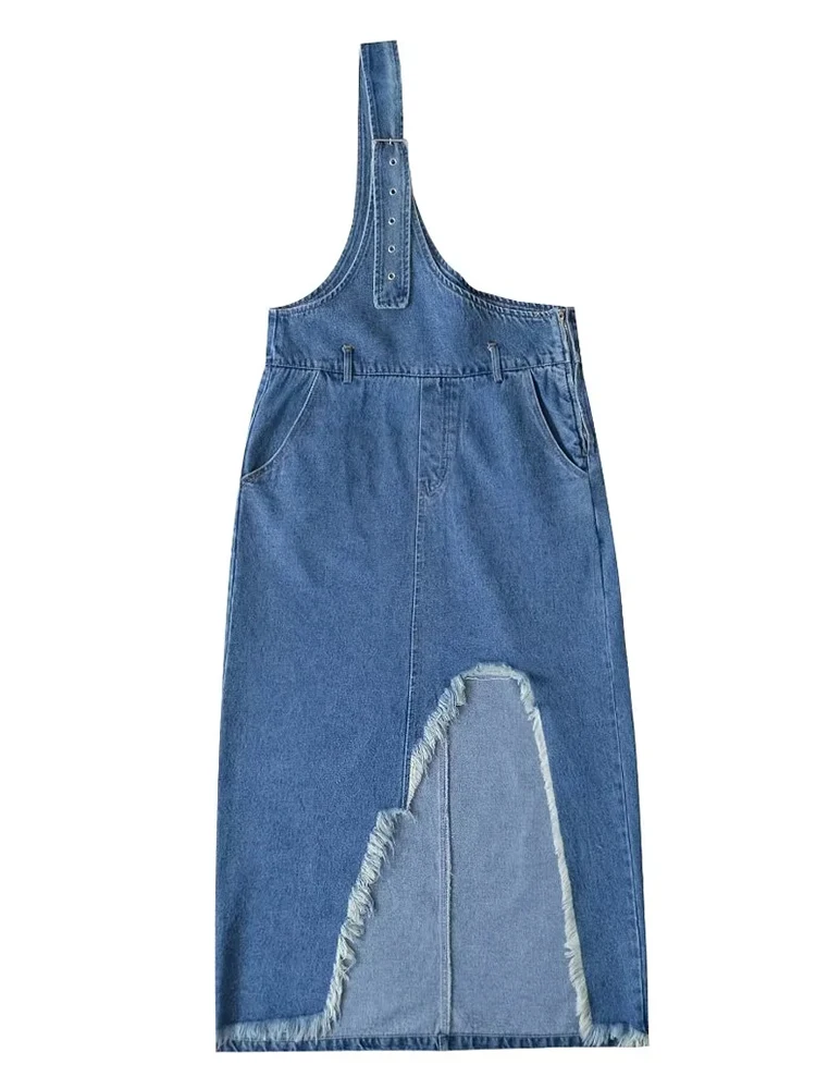 

TRAF 2023 Summer New Fashion Summer One-shoulder Bag Cowboy Midi Dress Vintage Sleeveless Female Dresses