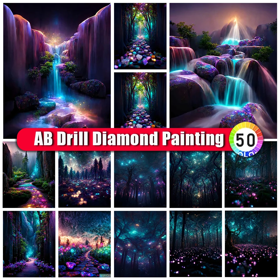 

BinXue 2023 Новый мечтательный цветной пейзаж водопад AB алмазная живопись деревья лес ручная работа DIY Вышивка дорога мозаика домашний декор