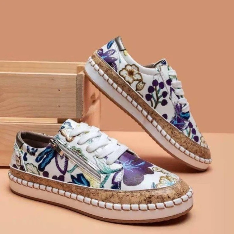 

2023 new women's sneakers elegant floral print lace-up women's flat shoes fashion round toe ladies vulcanized casual shoes