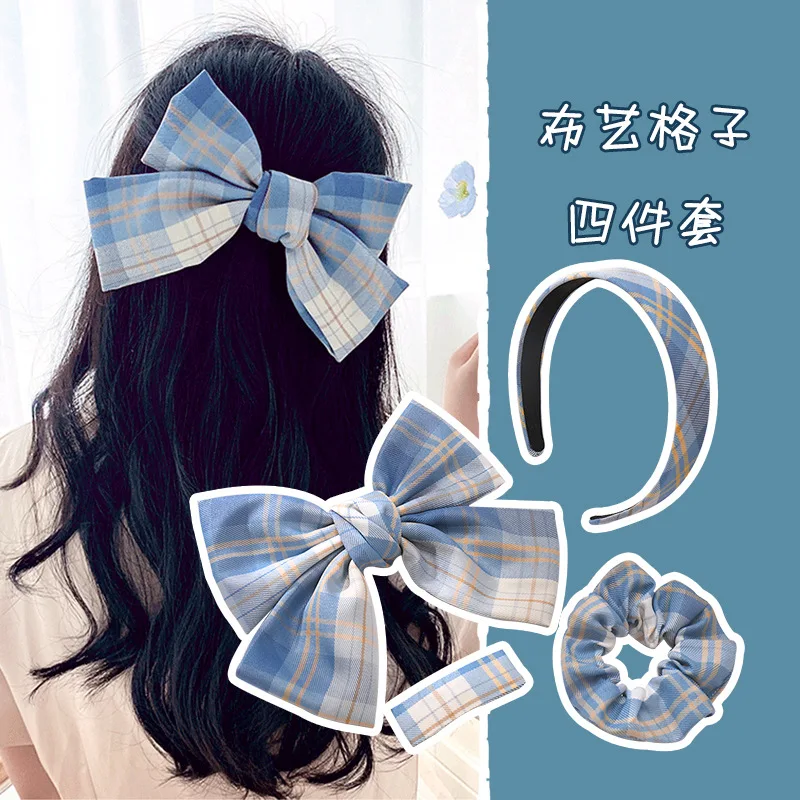 

4 Piece Set Hair Accessories Claw Band Femme Headbands for Women Sexy Envio Gratis Hairband Clips Bow Haarband Plaid Fresh