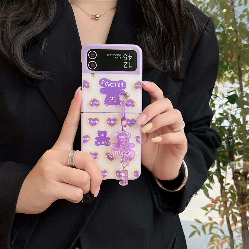 Cartoon Purple Love Heart Bear Phone Case for Samsung Galaxy Z Flip 4 3 Hard Cover for ZFlip3 Zflip4 Solid Shell Bracket