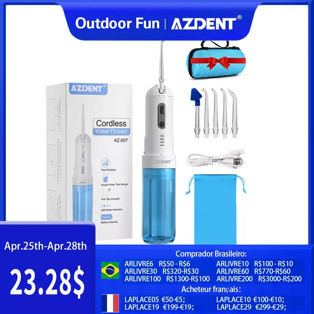 

AZDENT AZ-007 Oral Irrigator USB Recharge Cordless Water Teeth Flosser Cleaner Travel Foldable 5 Jet Tips 4 Modes Adult Child