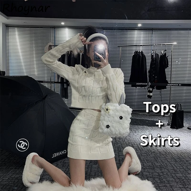 

Sets Women Tops and Skirts Solid Knitting Sweaters O-neck Crop Design All-match Spring Autumn Sexy Lady Hot Girls Prevalent Ins
