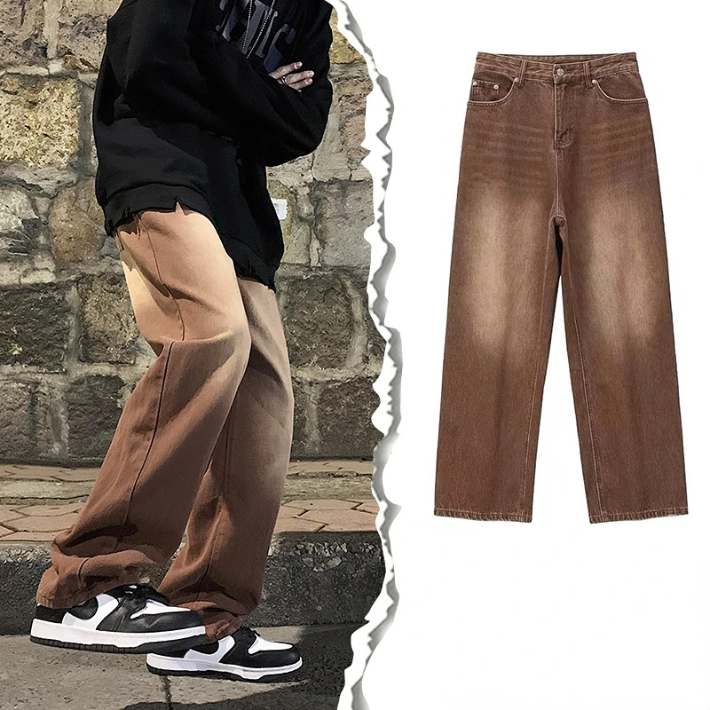 

Винтажные брюки из денима с градиентом в японском стиле, мужские прямые повседневные джинсовые брюки, модная уличная одежда, джинсовые брюки