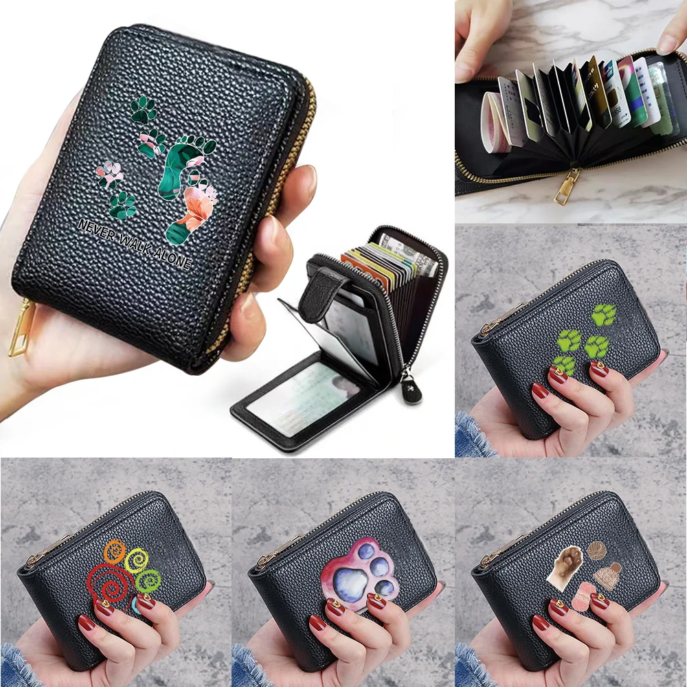

Women's Short Wallets Credit Card Holder PU Leather Buckle Purse Ladies Waterproof Money Bag Footprints Series Coin Storage Bags