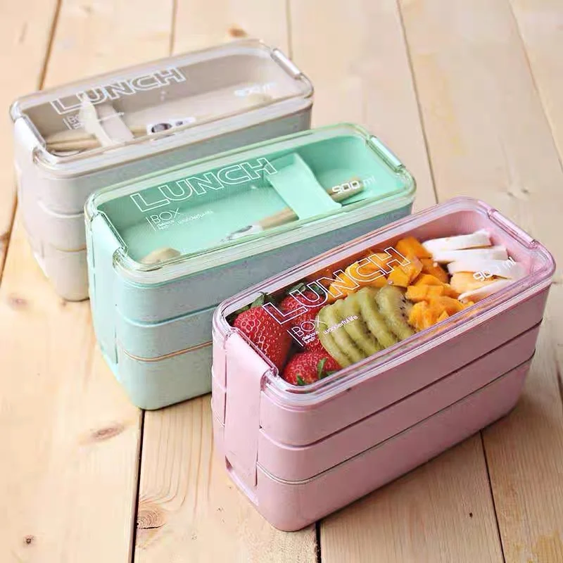 Lunch Box 3 Layer Wheat Straw Bento Boxes Japanese Microwave Bento Box with Fork Spoon Food Storage Container Lunchbox 900ml