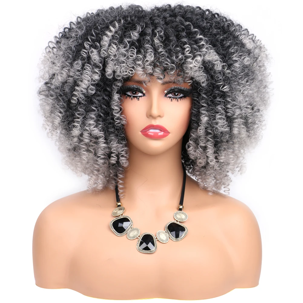 

Synthetic Afro Curly Bob Hair Wig Ombre Brown Blonde Grey Kinky Curly Fluffy Soft Natural Glueless Wigs With Bangs