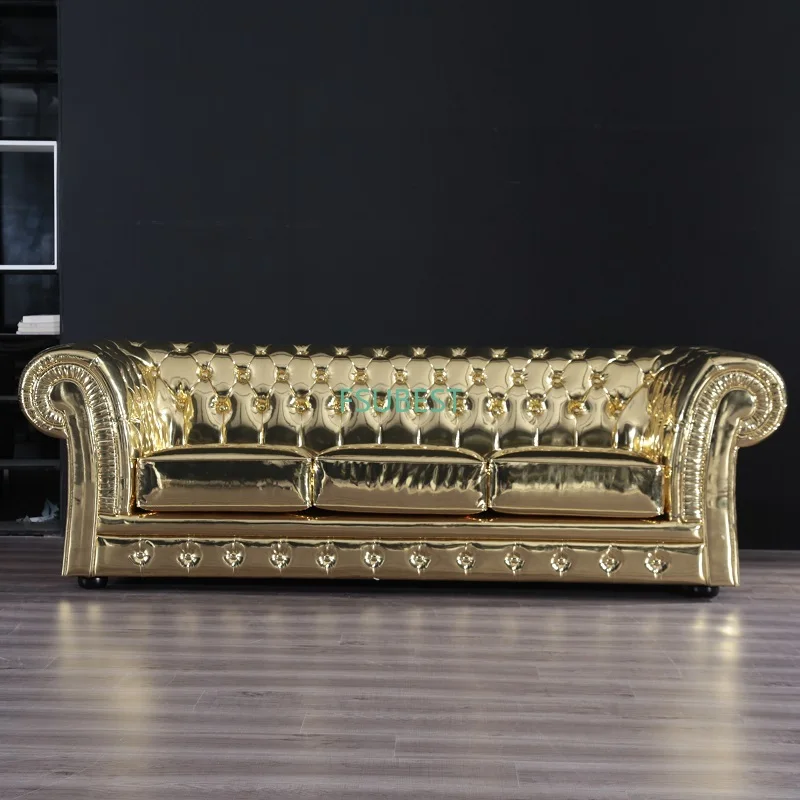 Modern Chesterfield Style Sofa Wooden Living Room Set Designs Gold color Leather Loveseat couch | Мебель