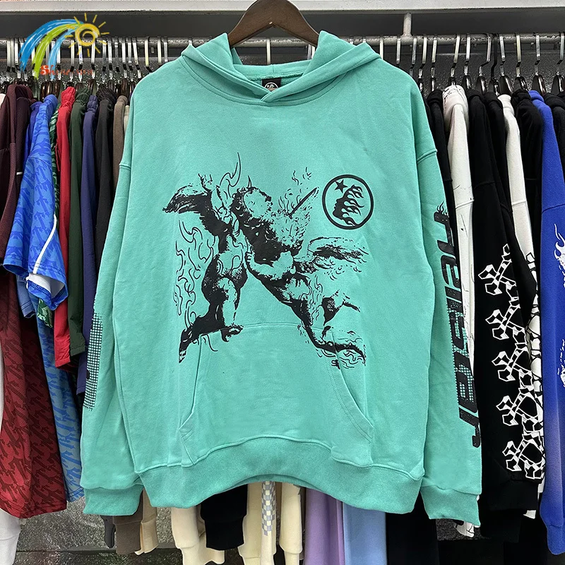 

Повседневная модная зеленая толстовка с рисунком ангела, толстовка с капюшоном Hellstar для мужчин и женщин, высококачественные хлопковые пуловеры, толстовки большого размера с капюшоном