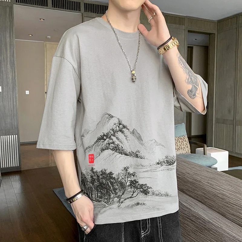 

Art summer short-sleeved T shirt men loose all-match INS trend boys cotton five-and-a-half sleeve T-shirt tide brand
