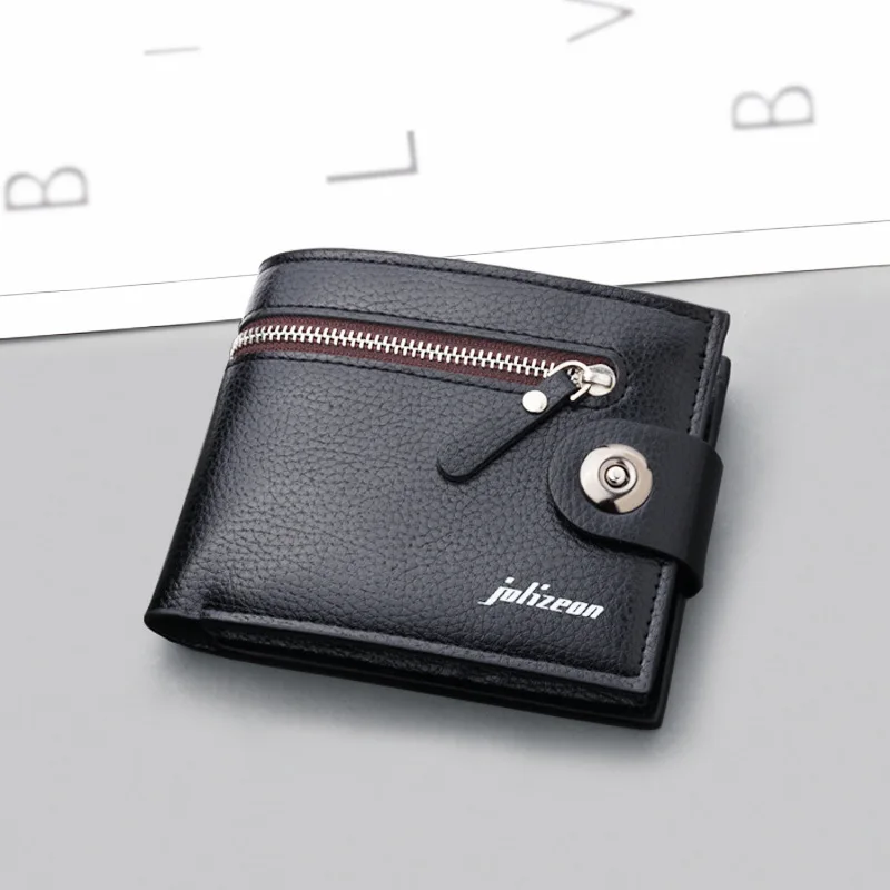 Men's Short PU Leather Fashionable Zipper Zero Wallet 5 Card Slot Folding Wallet High-quality Man Large Capacity Buckle Purse