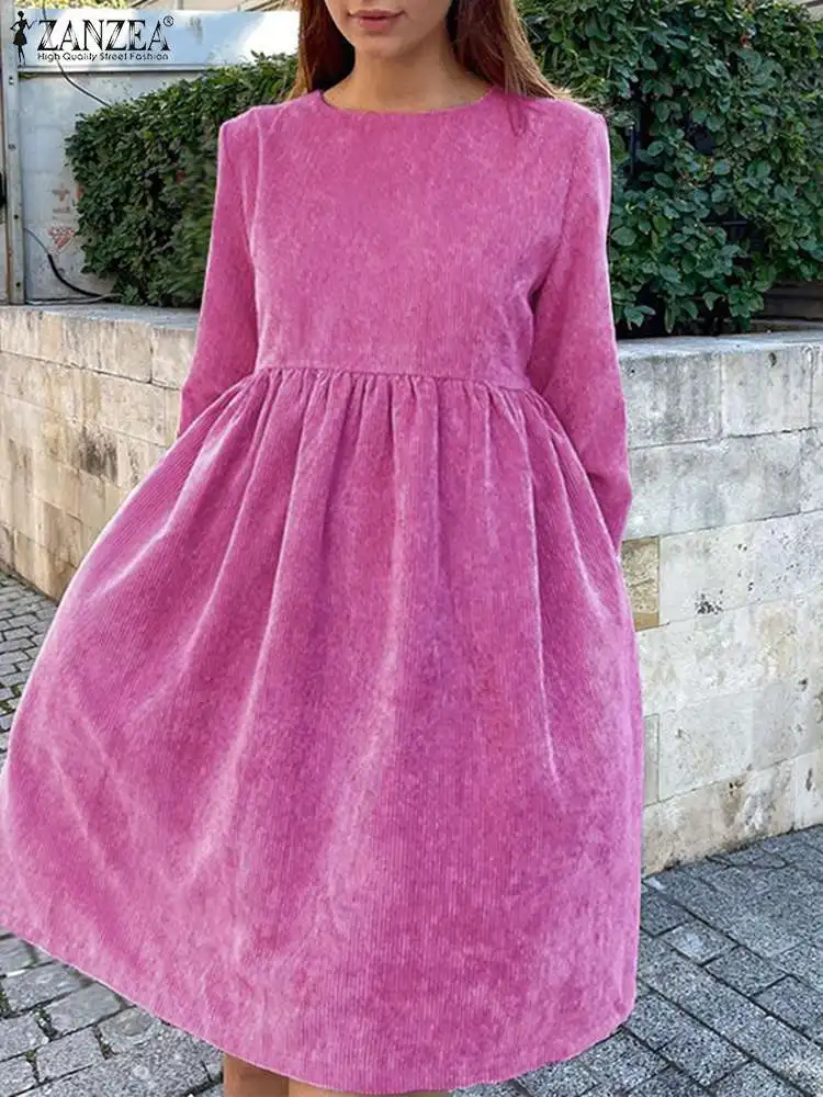 

Women Vintage Corduroy Dresses 2022 Spring Long Sleeve A-line Party Vestido ZANZEA Casual Solid Baggy Bandage Sundress Oversized
