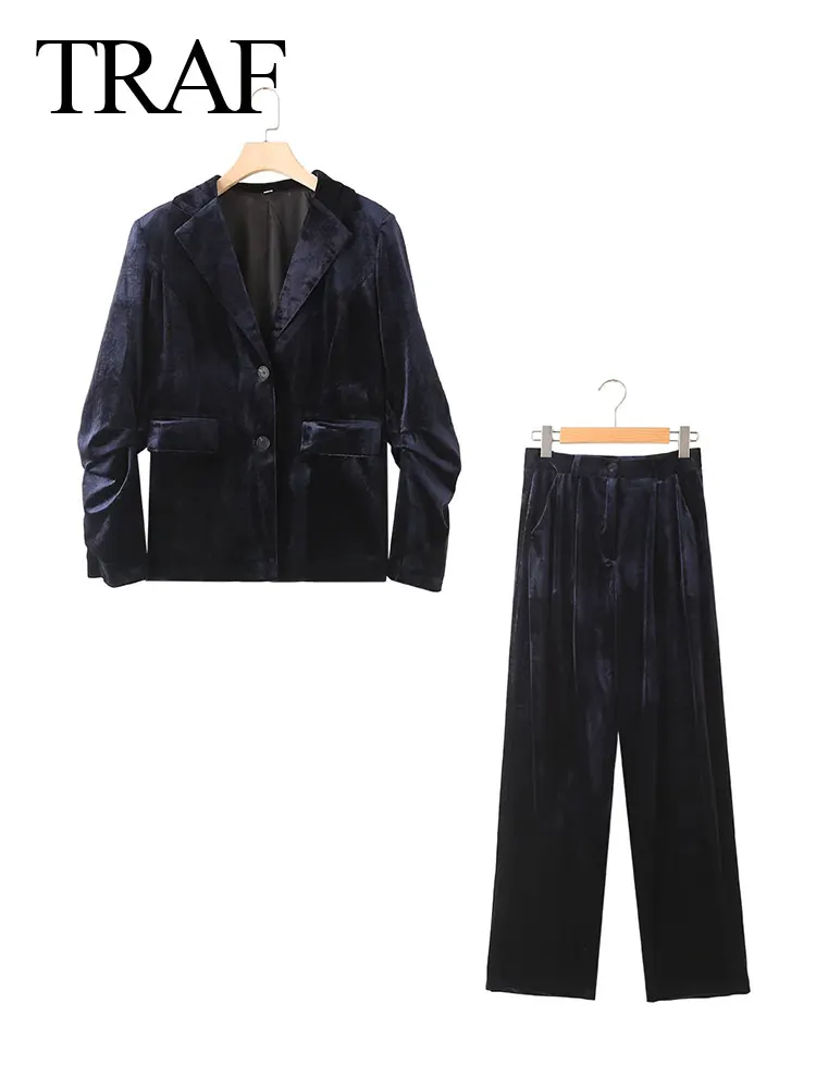 

TRAF Elegant Women's Fashion Pleated Long Sleeve Suit Suit Office Blazer Zipper High Waist Women's Velvet Pants 2-Piece Set
