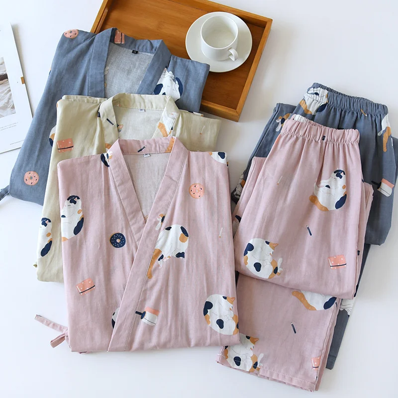 

New Japanese-style kimono two-piece couple pajamas cover men and women pure cotton gauze cute kitten thin home service plus size