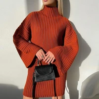 knitted loose womens sweater solid color casual striped horn pullover 2022 winter embroidery womens turtleneck sweater dress