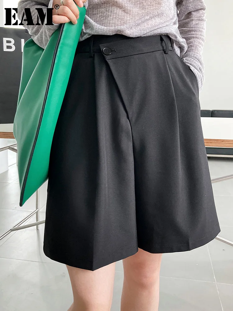 

[EAM] Черные Асимметричные Брюки до колена с высокой талией и карманами; Новинка; Свободные брюки; Женские модные брюки; Сезон весна-осень; 2023; ...