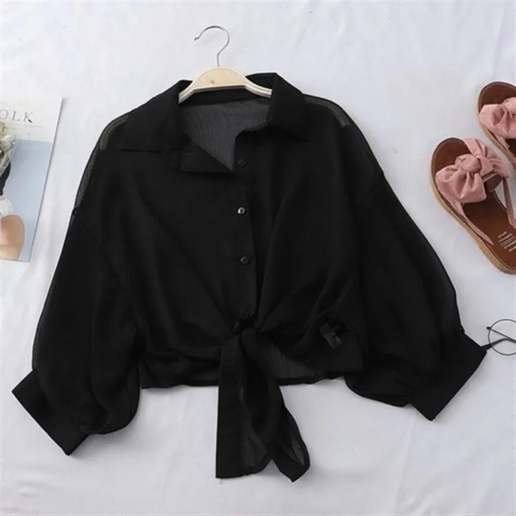 2023 Summer Half Sleeve Buttoned Up Shirt Women's Coat Female Sun Protection All-match Thin Short Sleeve Chiffon Cardigan