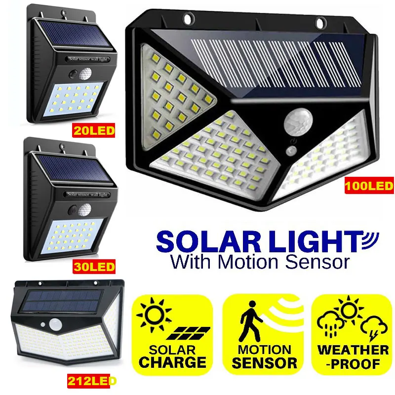 

100/ 20/ 30/212 LED Solar Wall Lights Waterproof Outdoor Solar Lamp Solar Powered Sunlight Street Light for Garden Decoration