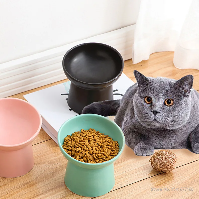 

Pet bowl ceramic cat bowl dog bowl oblique mouth high bowl cat food bowl protection spine flat face double bowl pet supplies