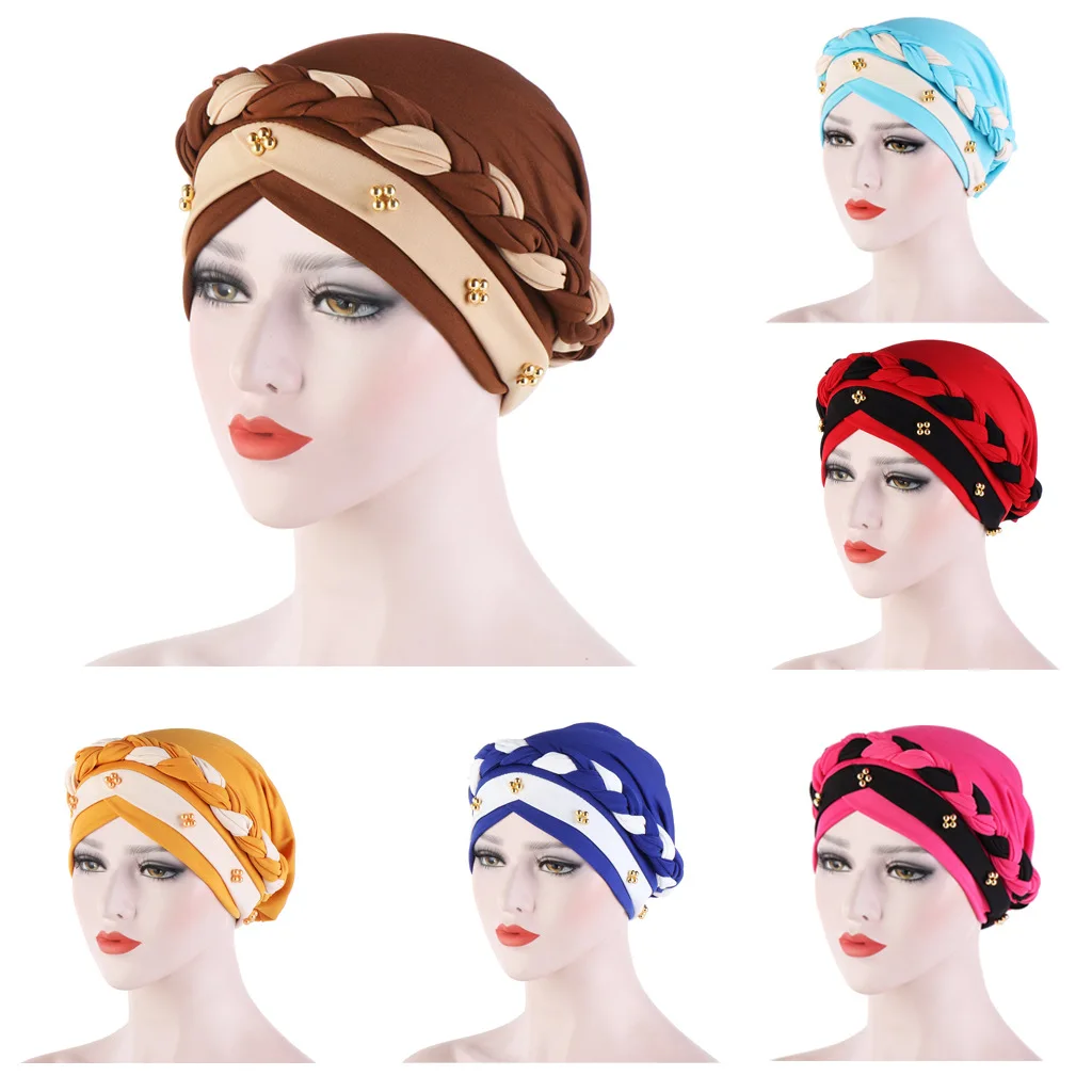 

Indian Braid Turban Muslim Women Hijab Hat Cancer Chemo Cap Beads Headscarf Islamic Head Wrap Lady Beanie Bonnet Hair Loss Cover