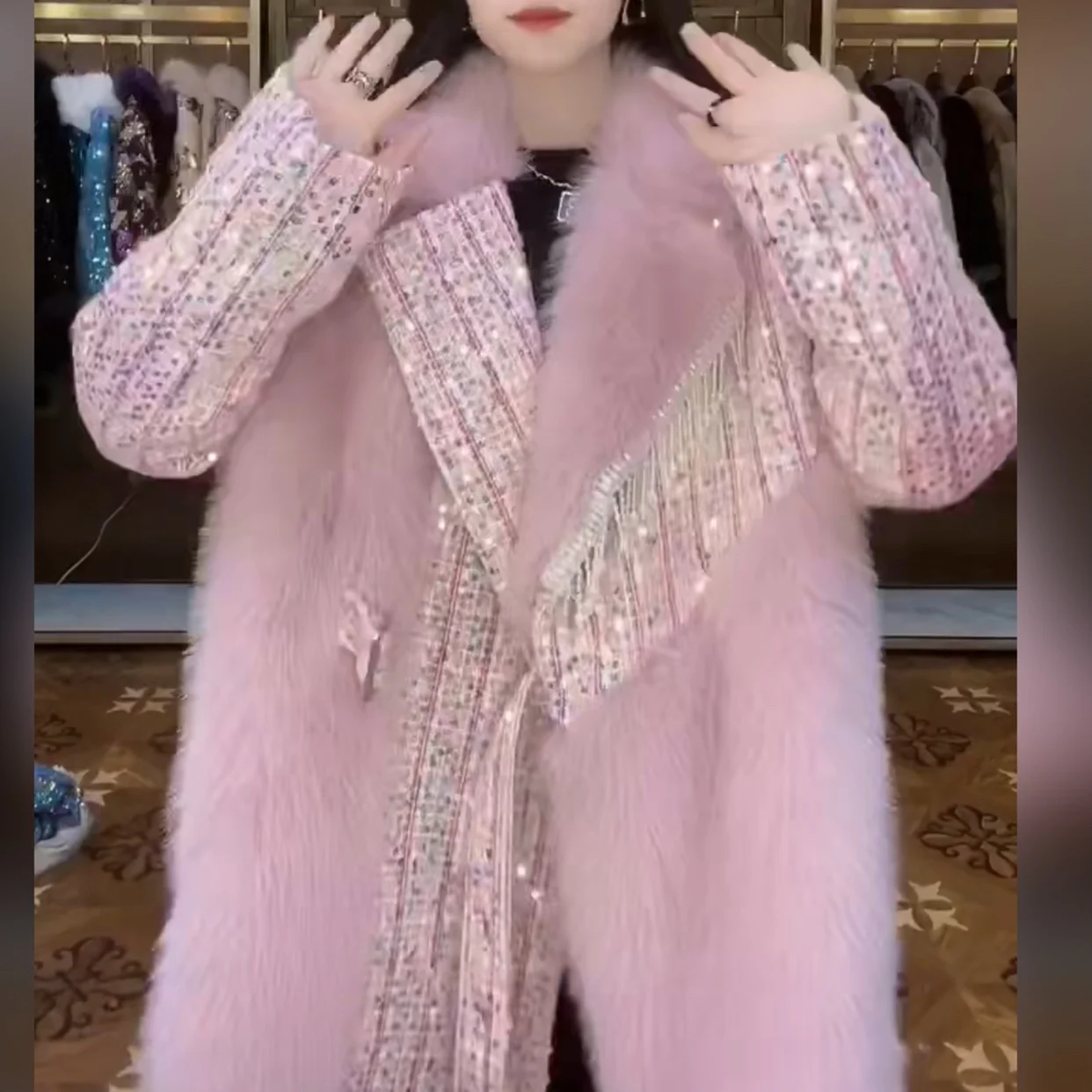 Toka Double Face Wool Warm Pink Fur Coat Female Heavy Industry Beads Tassel Sequins Casual Woolen Jacket 2022 New Winter Coats