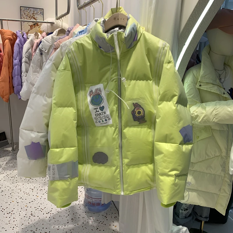 

Женский зимний пуховик на белом утином пуху, новинка 2022, теплая Толстая стеганая куртка, свободное хлопковое пальто с принтом, Глянцевая вер...