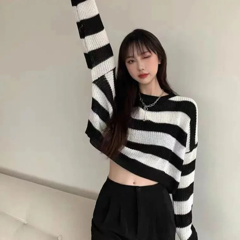 Fashion Cropped Sweater Sexy Tops Women Black White Striped Pullover Knitted Sweater Women Korean Jumper Y2K Wholesale Goth images - 6