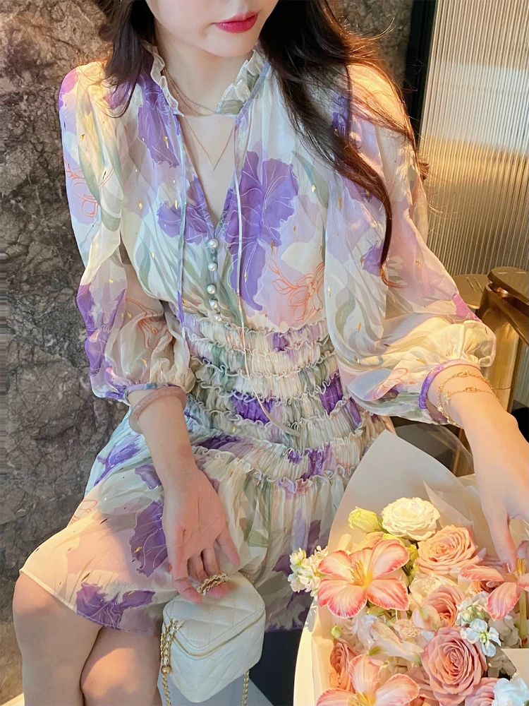

Floral Mini Dress Women Short Sleeve Elegant Korean Dress Party Office Lady 2022 Summer Vintage Boho Beach Sundress Female Chic