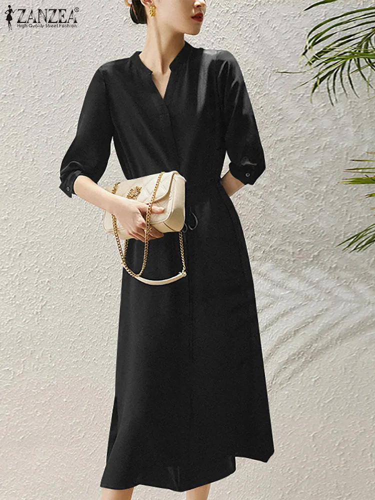 

Платье ZANZEA женское с V-образным вырезом, модный элегантный повседневный свободный Сарафан до середины икры, с рукавом 3/4 и разрезом, на лето