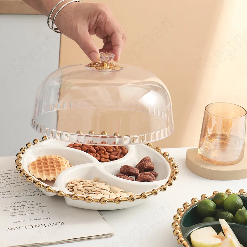

Креативная декоративная тарелка с золотыми бусинами для закусок со стеклянным покрытием, Современные однотонные керамические тарелки в ск...