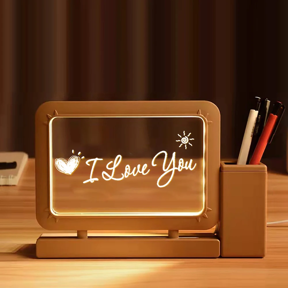 

Creative 3D Acrylic Notepad Night Light Indoor Desktop Table Message Board Lamp with Pen Holder Ornaments for Home Office Decor
