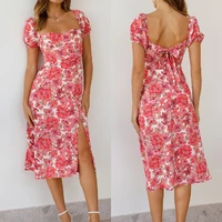 elegant floral print hem split dresses women summer dress 2022 new boho holiday slash neck short sleeve swing midi dress
