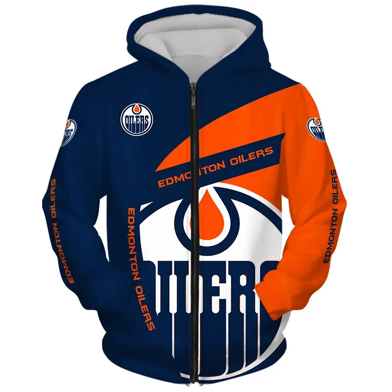 

Edmonton moda masculina manga longa 3d oilers zip hoodies azul laranja costura divertido carta padrão lua impressão moletom