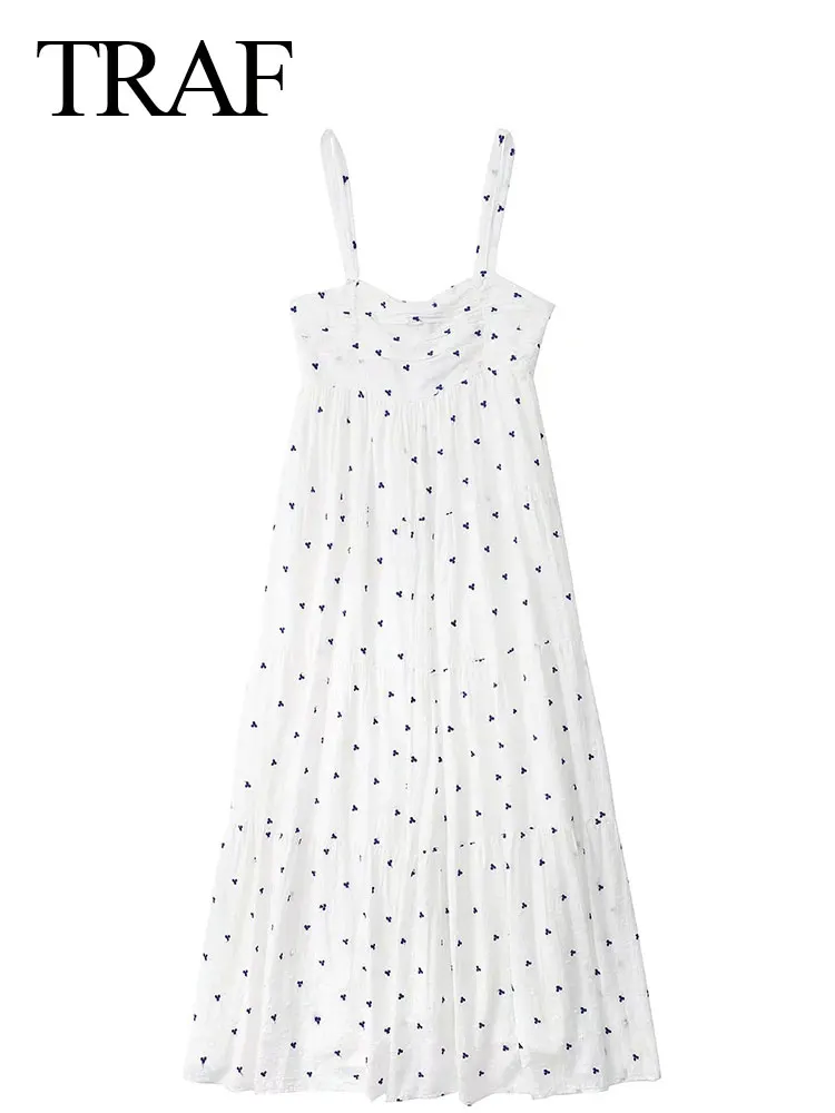 

TRAF Elegant Sweet White Dress With Blue Dot Sling Wrapped Chest Pleated Open Back Elastic High Waist Large Swing Long Skirt