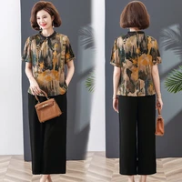 women 2 piece set new loose print short sleeved t shirt tops wide leg pants middle aged mother summer suit