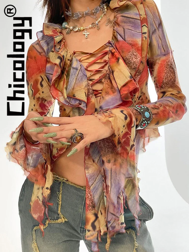 

Chicology 2022 Women Tie Dye Printed Butterfly Sleeve Patchwork Lace Up V Neck Top Shirt Summer Y2K Sexy Streetwear Clothing