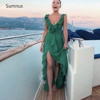 sumnus green beach chiffon party dresses 2022 deep v neckline ruffles sleeveless sexy slit evening dresses vestidos de noche