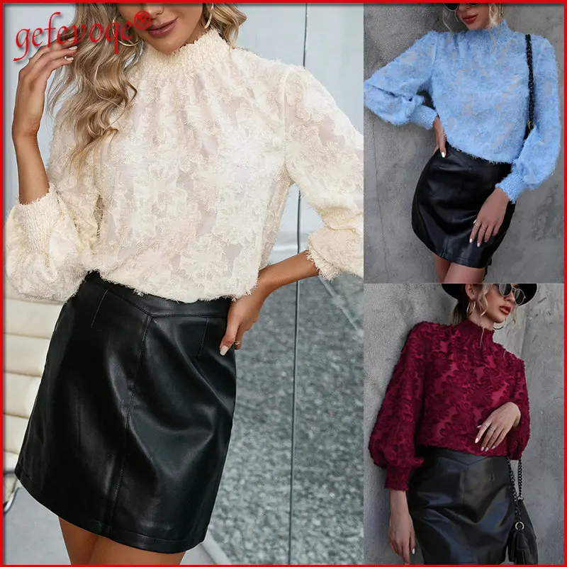 

Женская винтажная жаккардовая блузка, элегантная рубашка с длинным рукавом и высоким воротником, модная повседневная офисная блузка, весна...