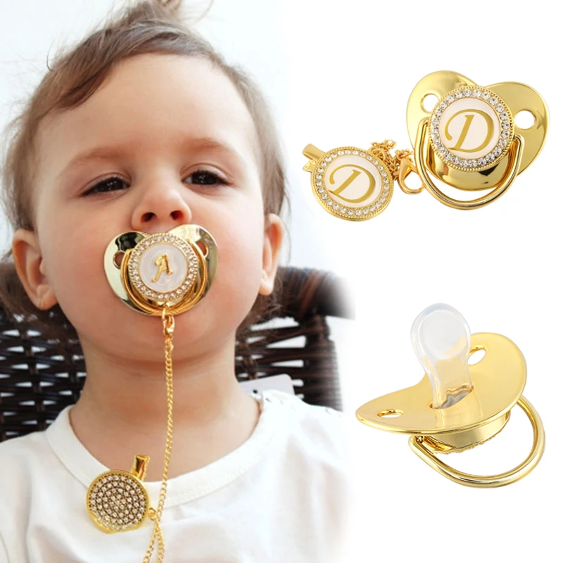 

Baby Pacifier Name Initial Letter Nipple Clips BPA Free Silicone Infant Nipple Gold Bling Newborn Dummy Soother Weaning Artifact