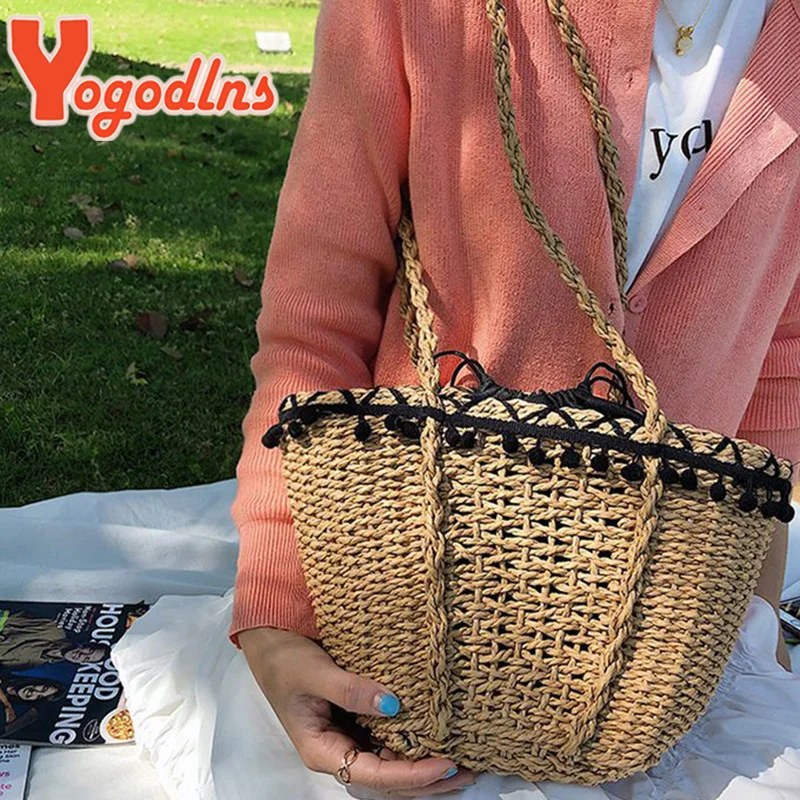 

Богемная соломенная сумка на плечо 2023, Женская плетеная Сумка-ведро большой емкости ручной работы, вязаная женская пляжная сумка с кисточками, сумка