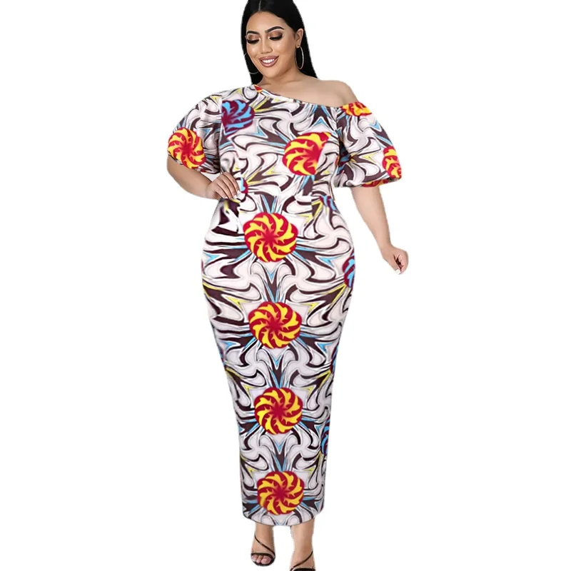 

Floral Printed Dress Plus Size Off Shoulder Short Puff Sleeve High Waist Bodycon Midi Outfit for Lady Event African Gowns 4XL