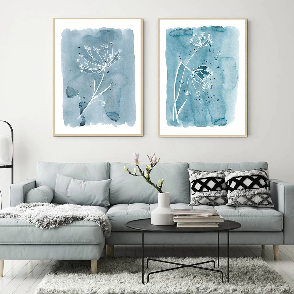 

Watercolor Blue Botanical Leaf Poster Minimalist Nordic Flowers Plant Canvas Painting Wall Art Pictures for Living Room Decor