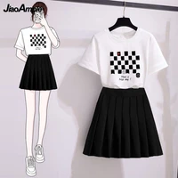 womens summer cotton short sleeve t shirt pleated skirt two piece set 2022 new loose top mini skirts set korean fashion suit